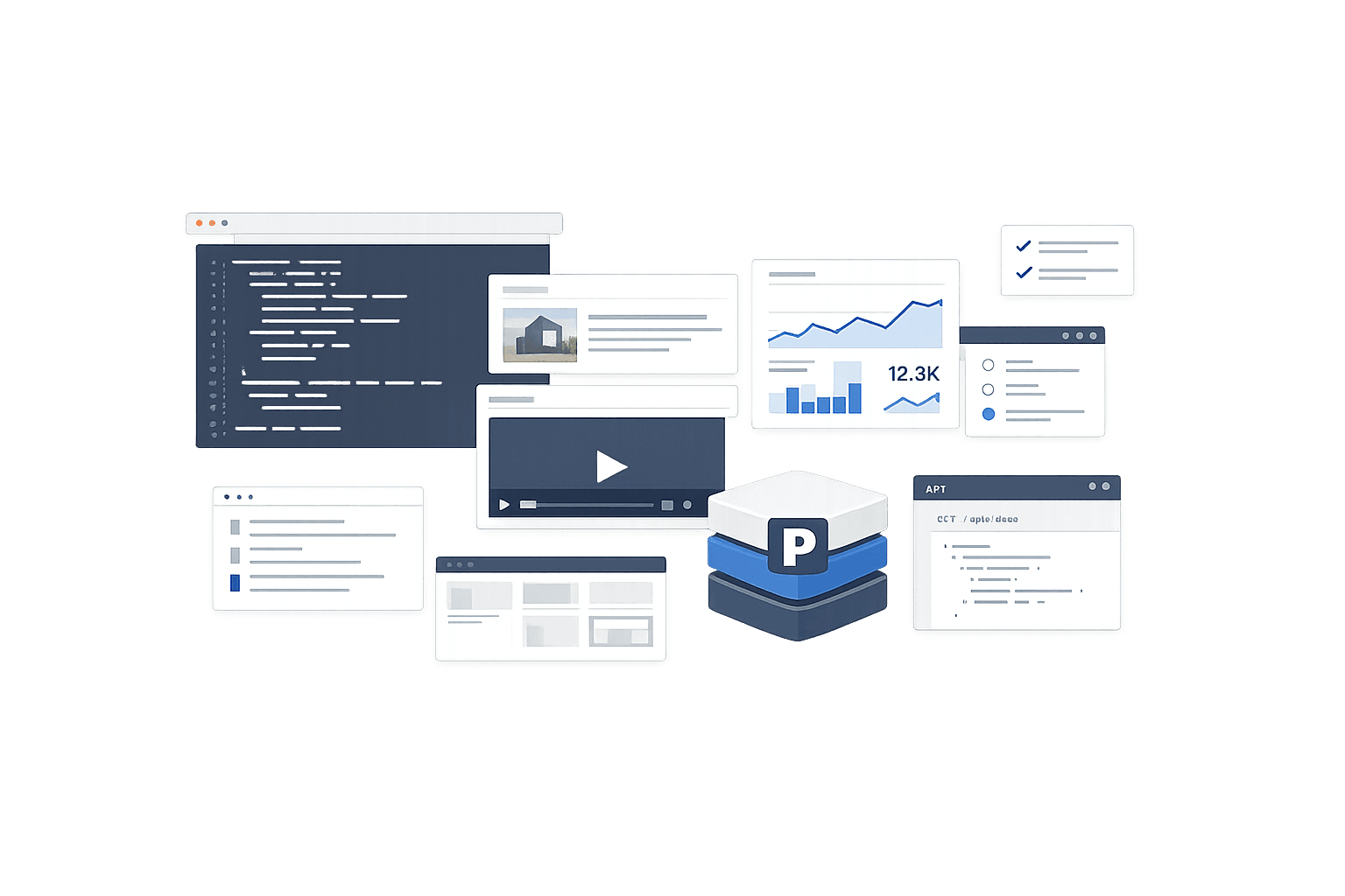 Payload CMS ecosystem visual with code, API, analytics, media, and content workflows