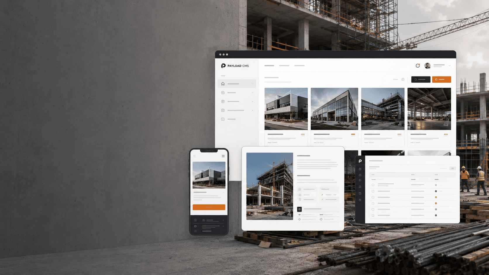 Construction company website and CMS interface shown across desktop, tablet, and mobile screens
