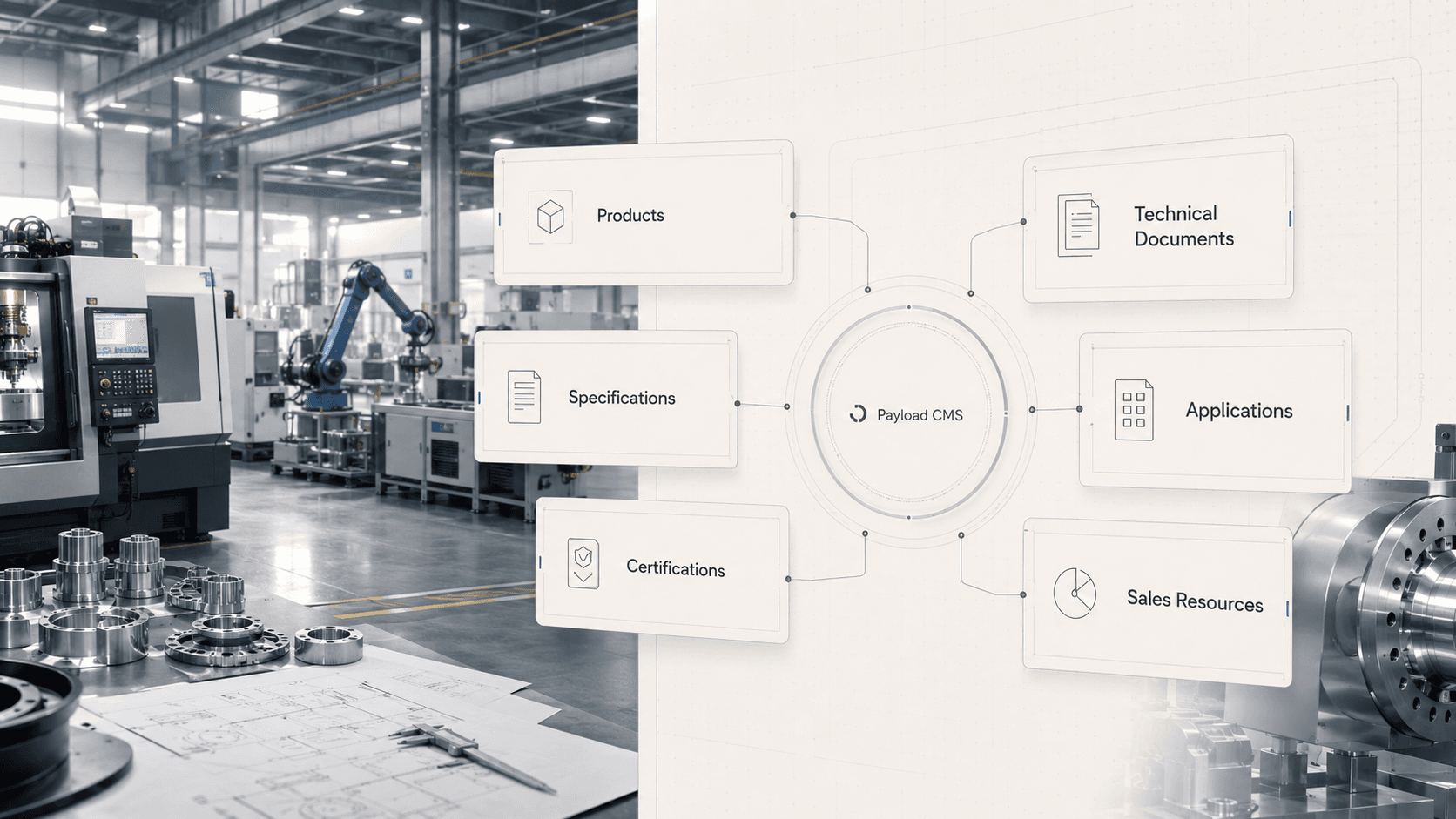 Manufacturing digital infrastructure visual showing products, specifications, technical documents, applications, certifications, and sales resources in Payload CMS